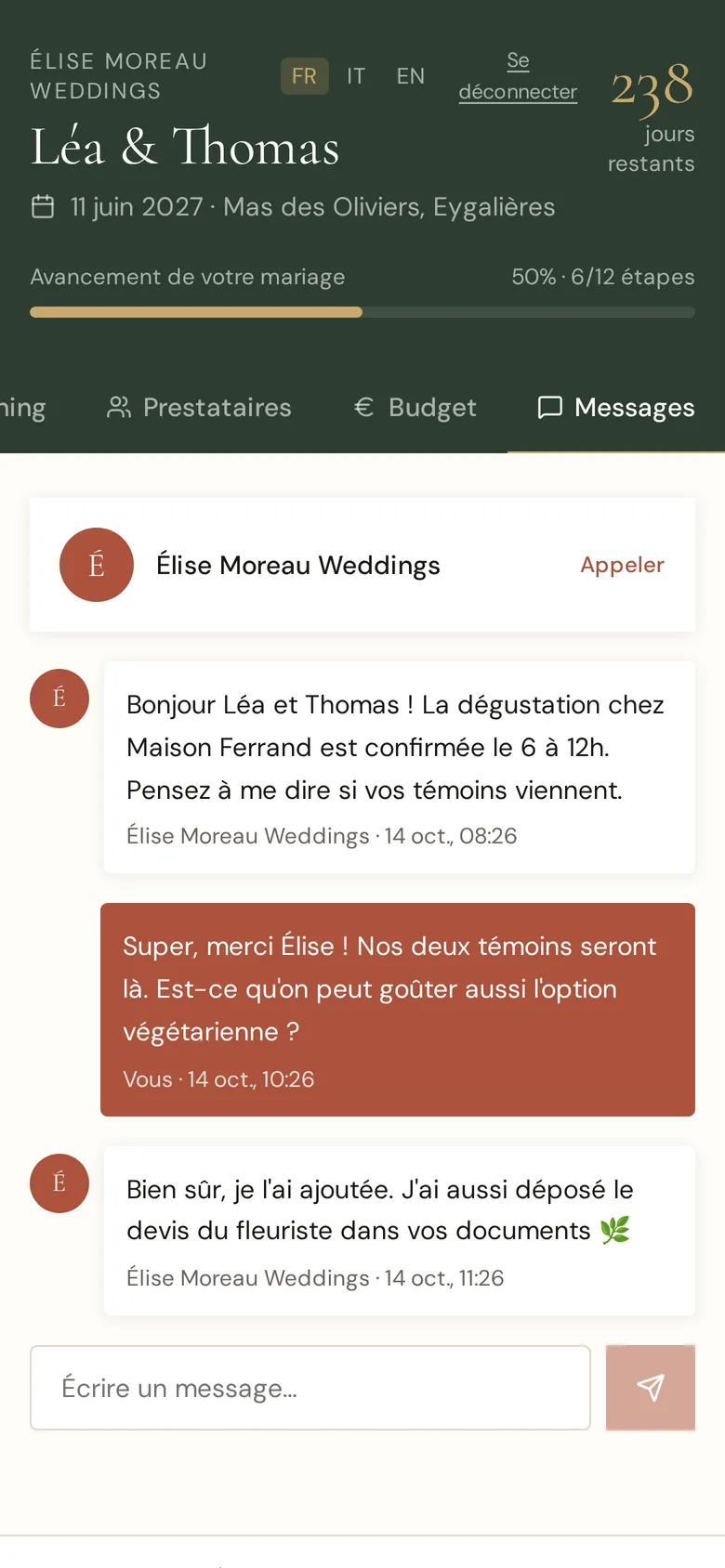 Espace mariés : messagerie avec la wedding planner
