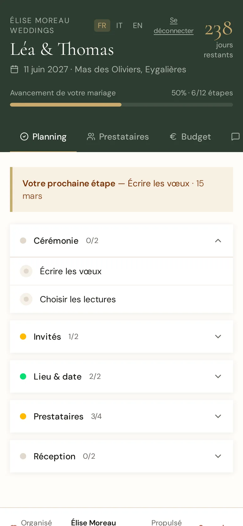 Espace mariés sur téléphone : compte à rebours et planning du mariage
